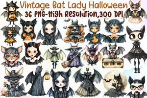 Vintage Bat Lady Halloween Clipart S, an Illustration by Sublimation Artist
