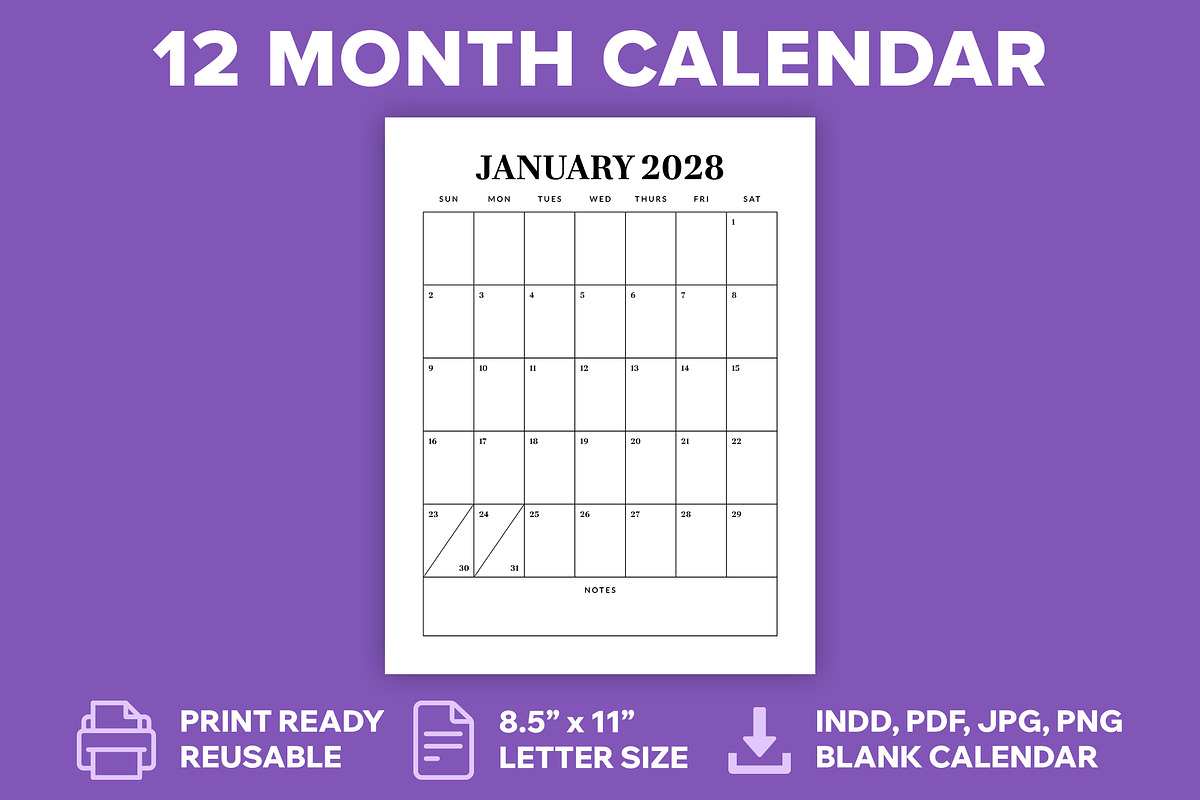 2028 Vertical 8.5x11 Inch Calendar, a Stationery Template by Running With Foxes (Photo 1 of 5)