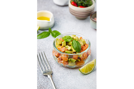 Salmon salad, tartare, a Food & Drink Photo by piter.goskov