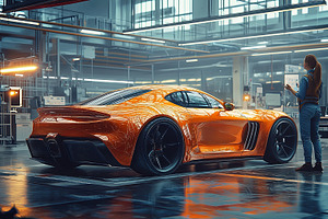 Orange sports car in a futuristic workshop with a female engineer, a Photo by AS photostudio