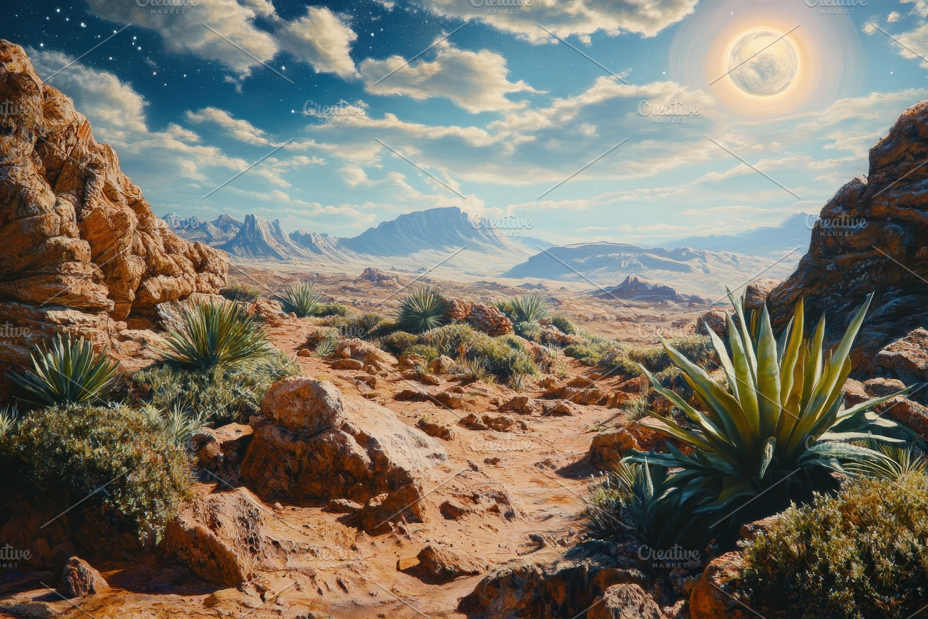 Vibrant Desert Landscape Under a Bri, a Photo by Tanuart
