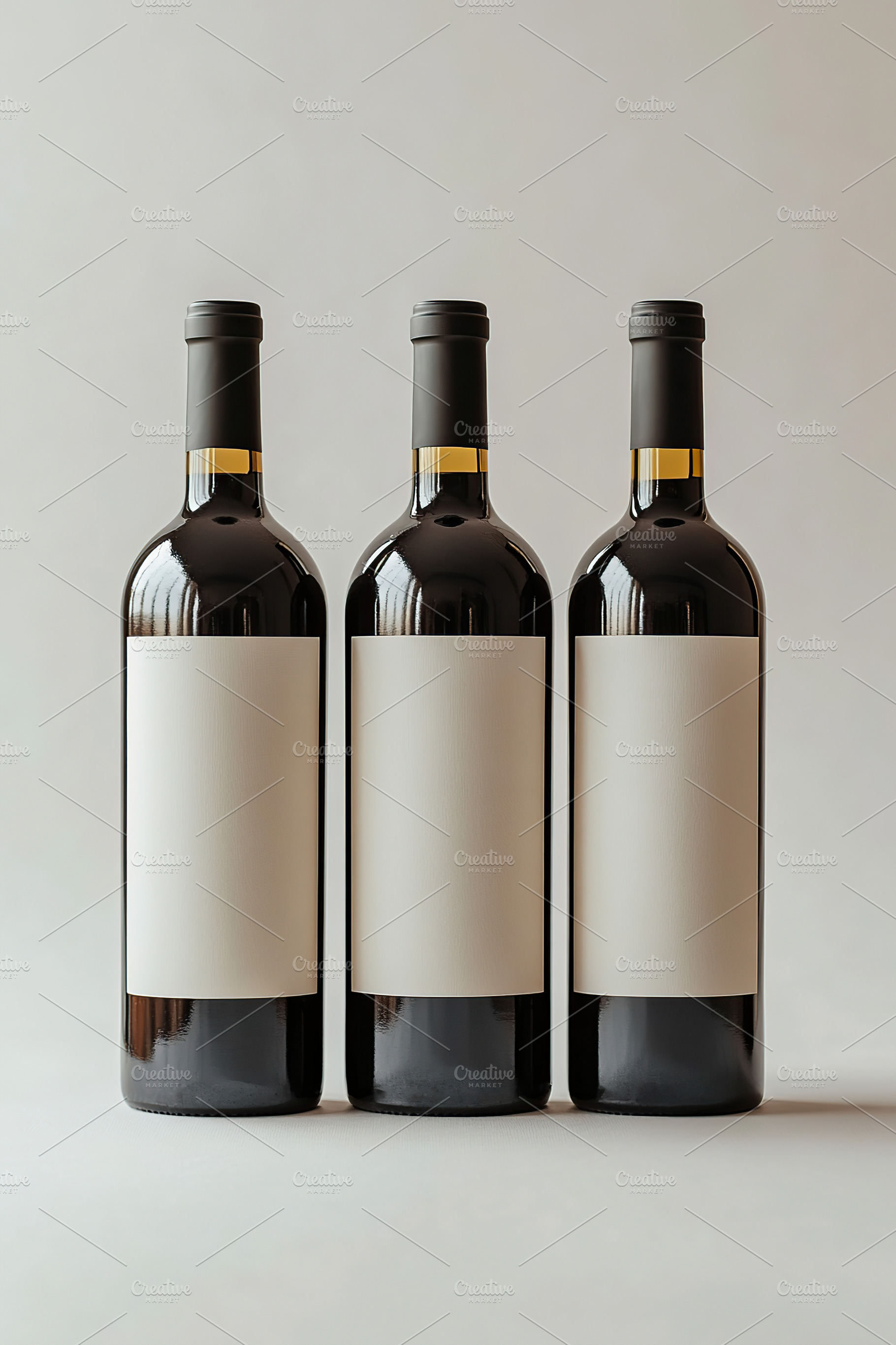 Three wine bottles with blank labels arranged against a soft bac, a Food & Drink Photo by AlyaAnd
