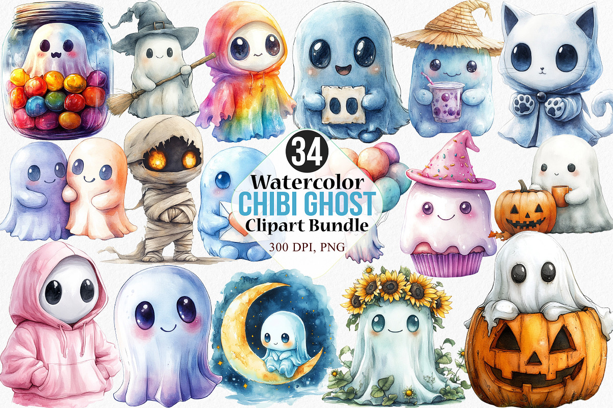 Watercolor Chibi Ghost Clipart, an Illustration by Canvas Craft (Photo 1 of 7)