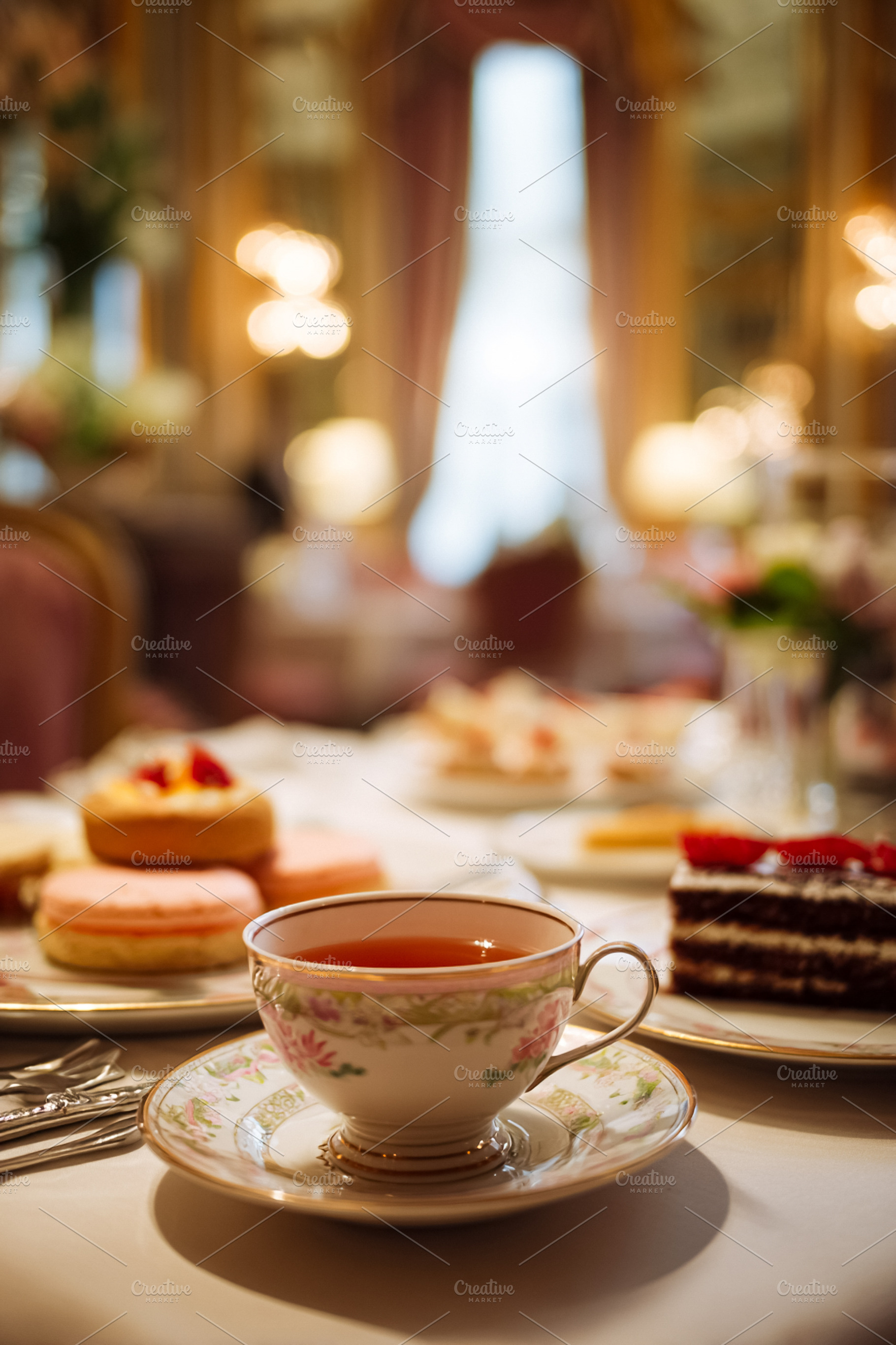 Afternoon tea service setting in an elegant luxury hotel restaur, a Food & Drink Photo by Studio ANNA
