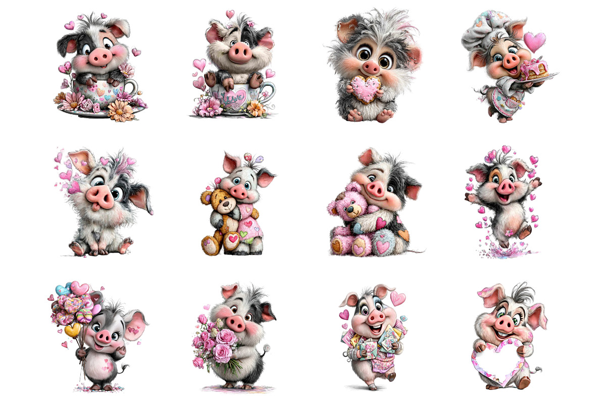 Quirky Valentine Pig Clipart, an Illustration by SinaCreation (Photo 2 of 11)