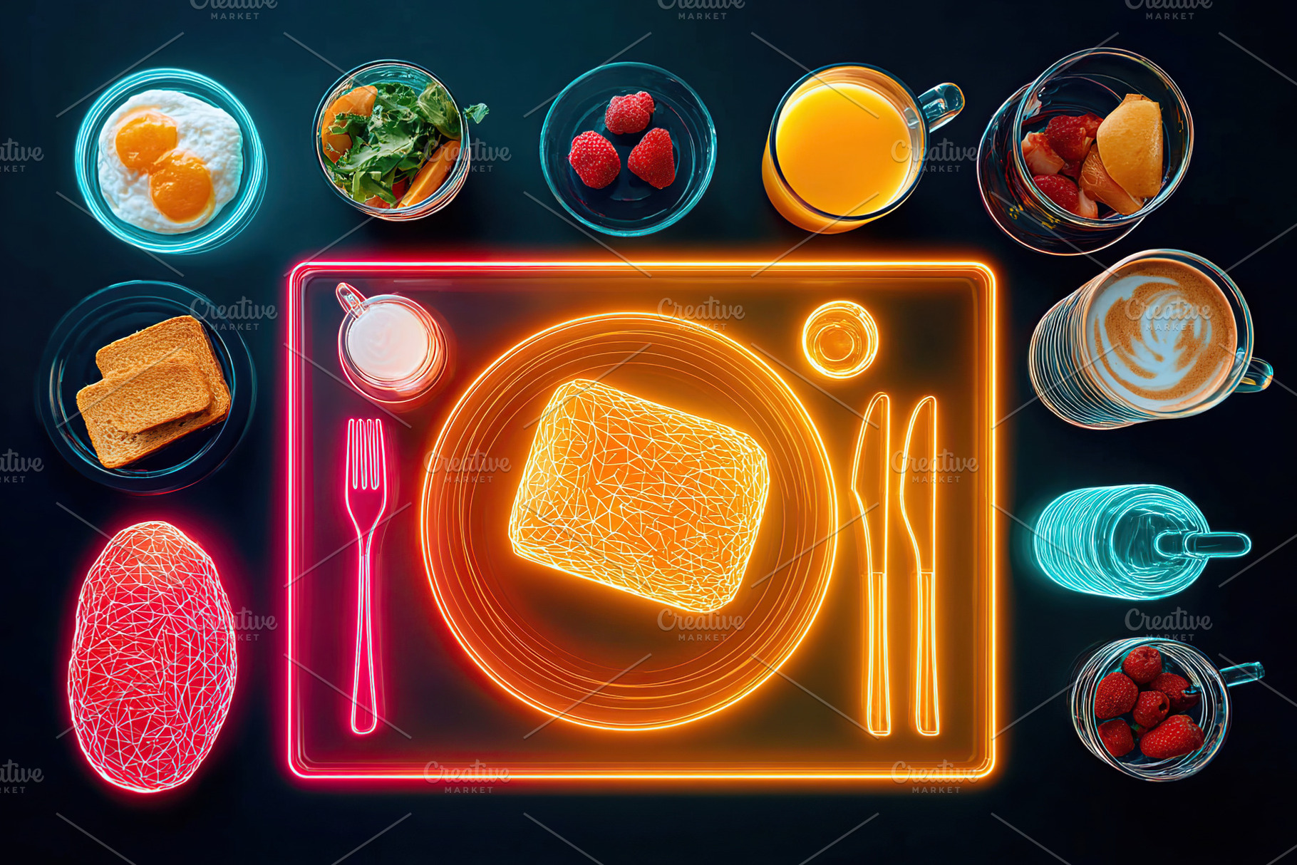 Digital breakfast layout featuring vibrant colors and diverse food items on a b, a Food & Drink Photo by AlyaAnd