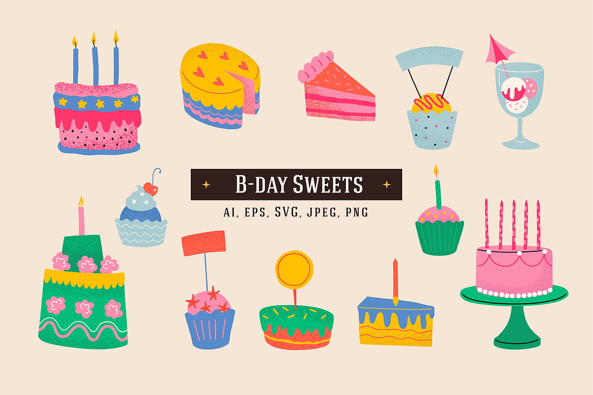 12 Birthday Cakes And Desserts, a Food Illustration by helenreveur