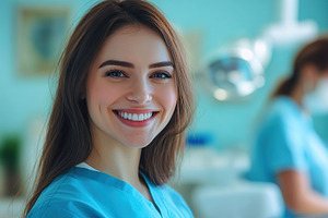 Female dentist smiling joyfully while working in dental clinic with patient in, a Health & Medical Photo by AlyaAnd