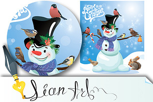 Card with funny snowman and birds, a Card Template by Lian-art