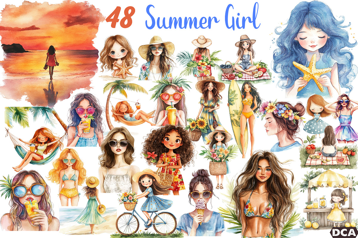 Summer Girl Sublimation Clipart, an Illustration by DreamCafeArt (Photo 1 of 3)