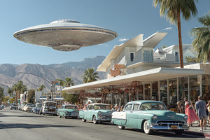 UFO over classic cars, a Photo by Beautiful things