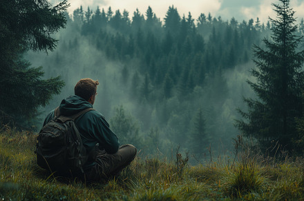 A forester man sitting on the grass, gazing at a misty forest landscape. The sc, a Person Photo by Textures & Backgrounds