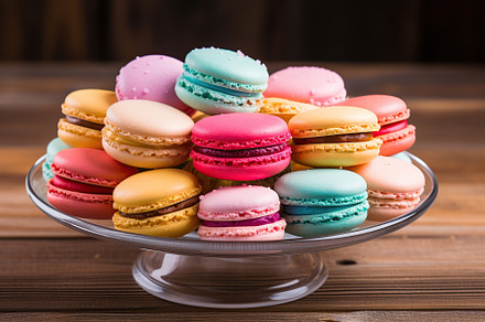 Colorful macarons dessert in plate on wooden background, a Food & Drink Photo by AlyaAnd