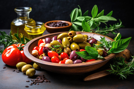 Assorted olives with herbs and oil o, a Photo by Iftikhar Alam