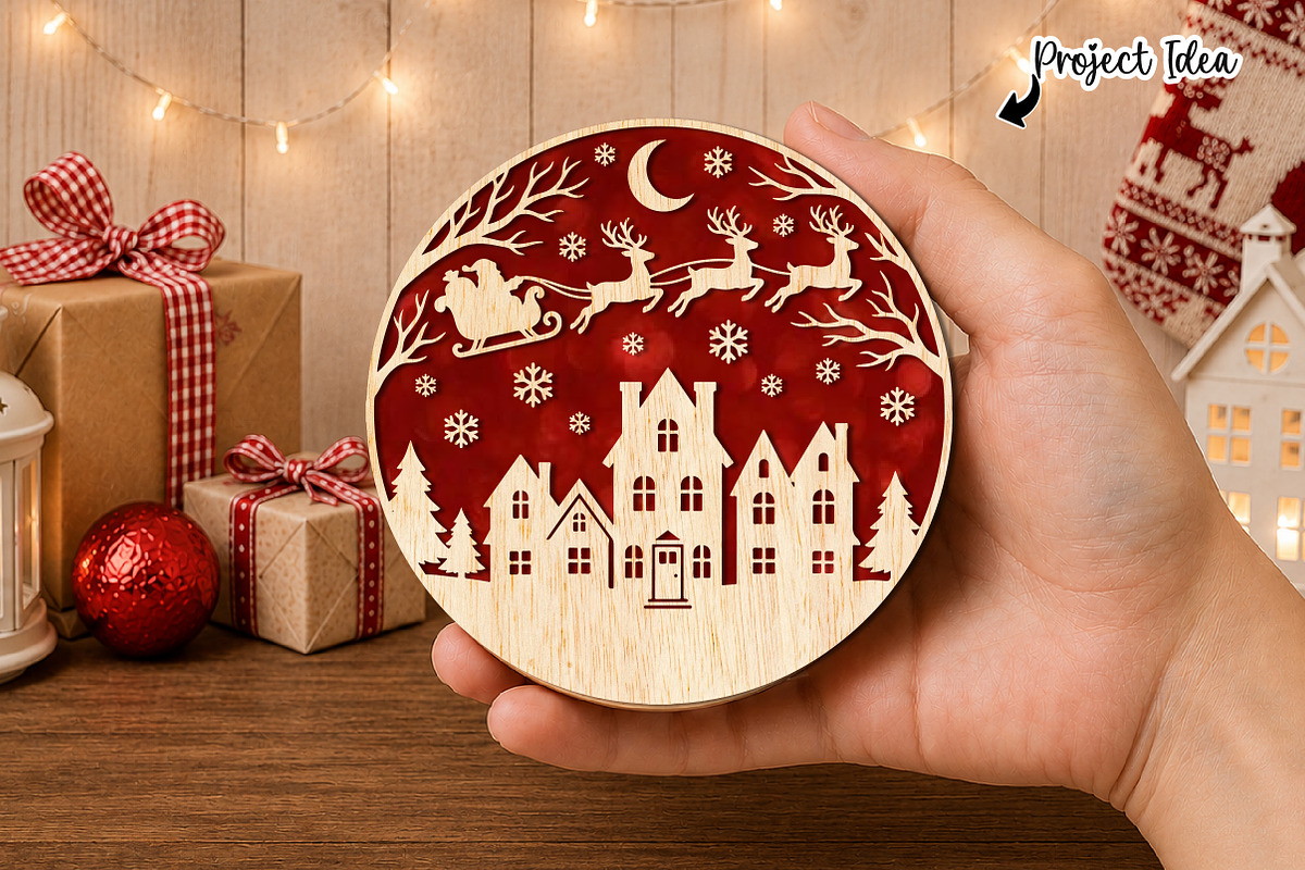 Christmas Village Round Laser Cut, an Object Graphic by OK Design (Photo 3 of 3)