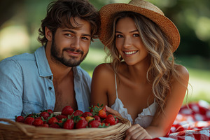 A young couple, a man and woman, joyfully holding a basket of fresh strawberrie, a Person Photo by ImageMir
