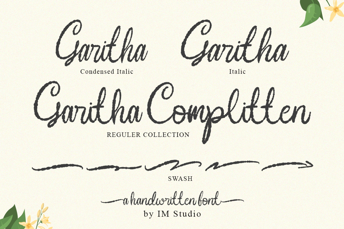 Garitha Complitten| 3 Style + Swash, a Script Font by IM Studio (Photo 9 of 10)