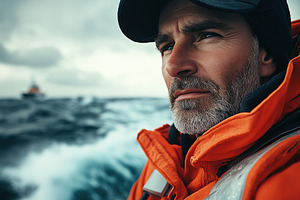 A rugged navigator man in an orange waterproof jacket gazes thoughtfully into t, a Person Photo by Textures & Backgrounds