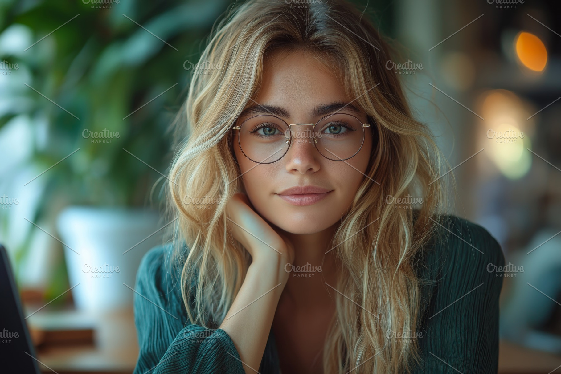 A thoughtful young woman with blonde hair and glasses resting her chin on her h, a Person Photo by ImageMir