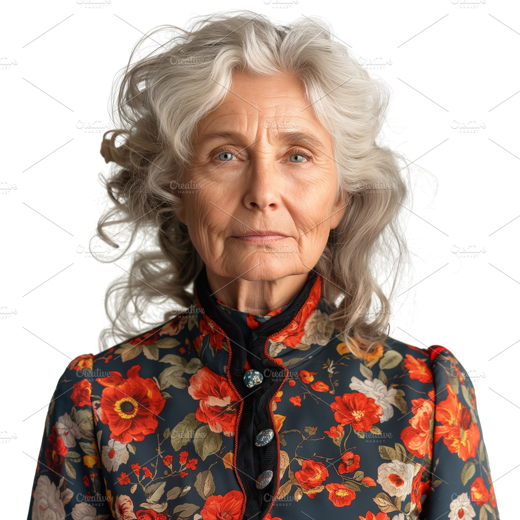 Elderly woman with silver hair in a floral vintage dress, exuding grace and wis, a Person Photo by ImageMir