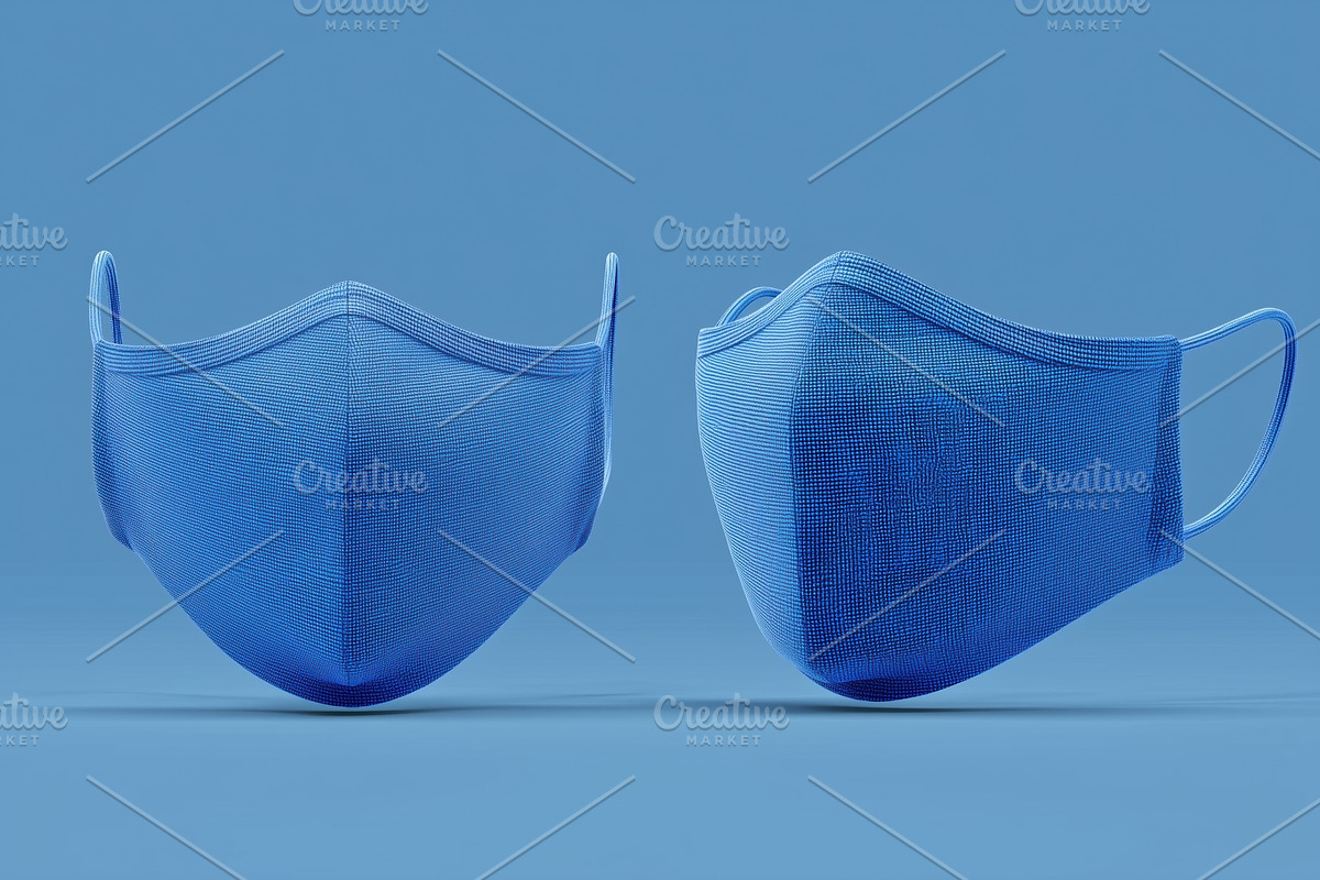 Two blue fabric face masks mockup on a blue background, a Mask Mockup by Textures & Backgrounds