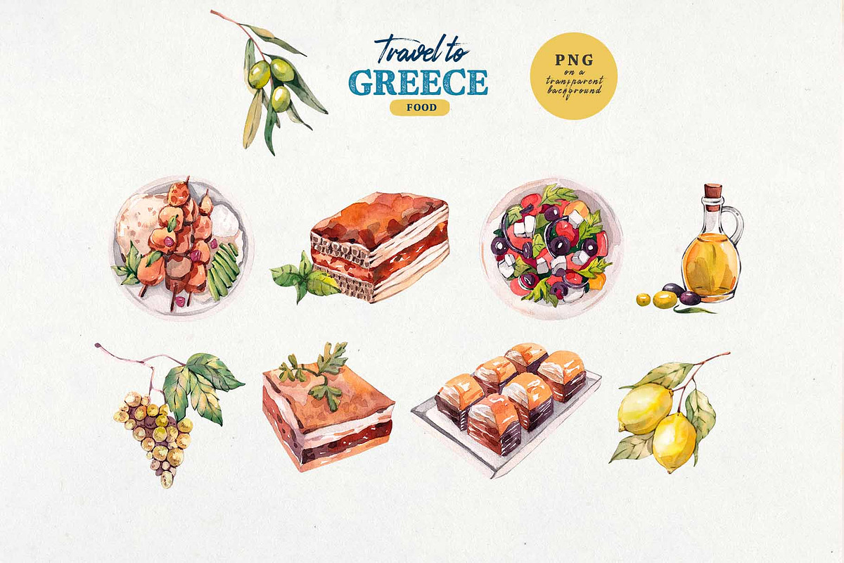 Watercolor Greece. Clipart set, an Object Illustration by VerAna (Photo 3 of 13)