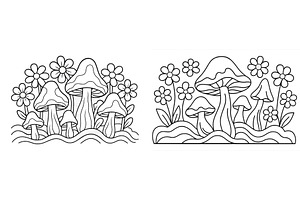 Colorful mushrooms and flowers in a, an Illustration by ZinetroN