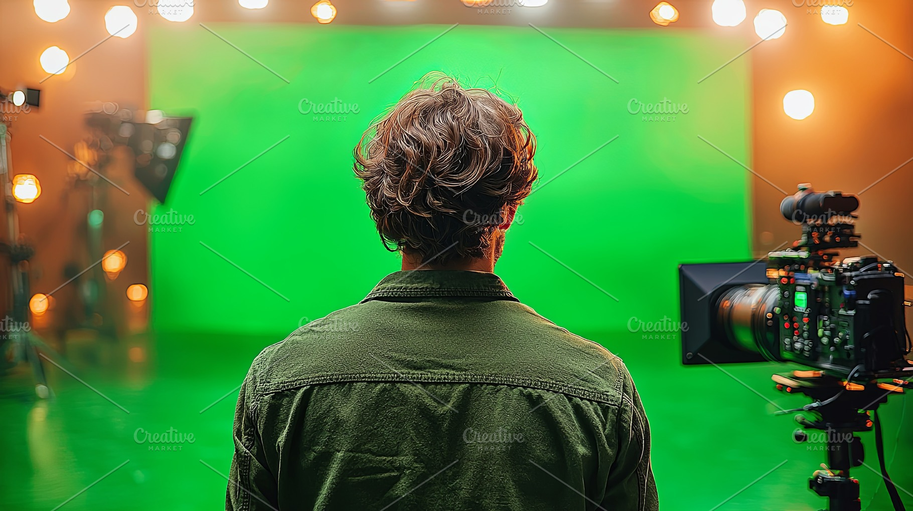 Film director standing in front of green screen in studio with equipment, a Photo by AS photostudio