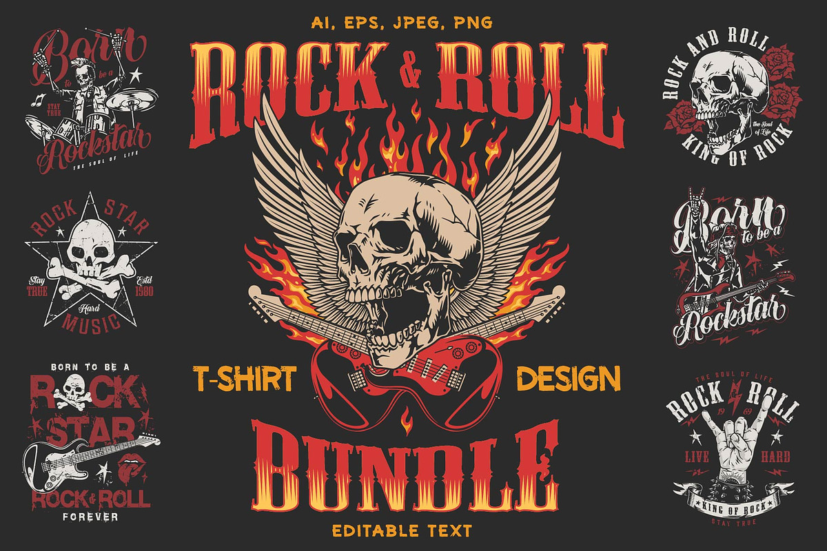 Rock & Roll Emblem T-Shirt Designs, a Branding & Logo Template by DGIM studio (Photo 1 of 5)
