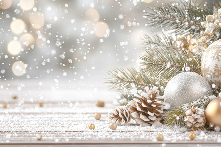 Christmas postcard with ornaments, Christmas tree in snow agains, a Photo by Dvoevnore photos