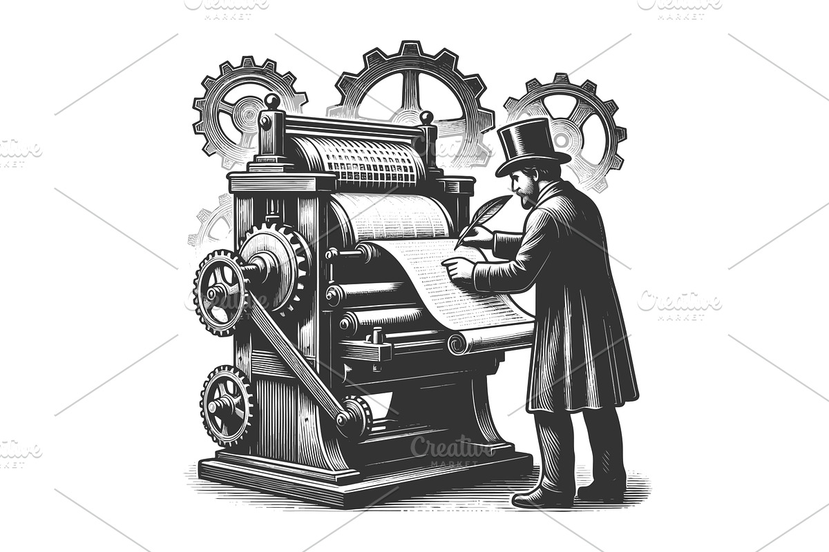 man writing on old printing press, an Illustration by AlexArt
