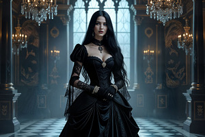 beautiful young goth woman in baroque room AI generated, a Photo by WorldOfPhotos