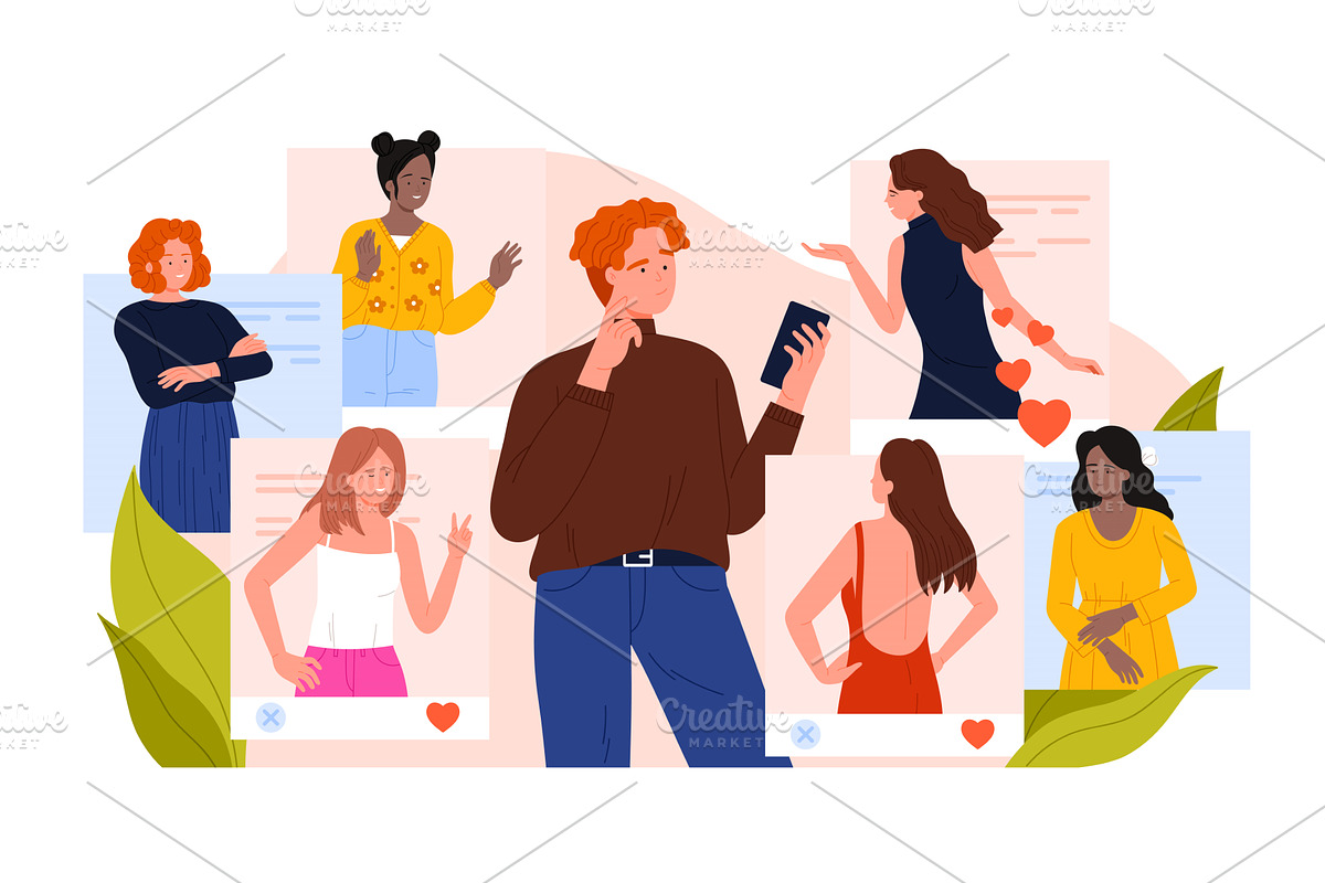 Virtual dating, choice of romantic, a Person Illustration by Flashvector