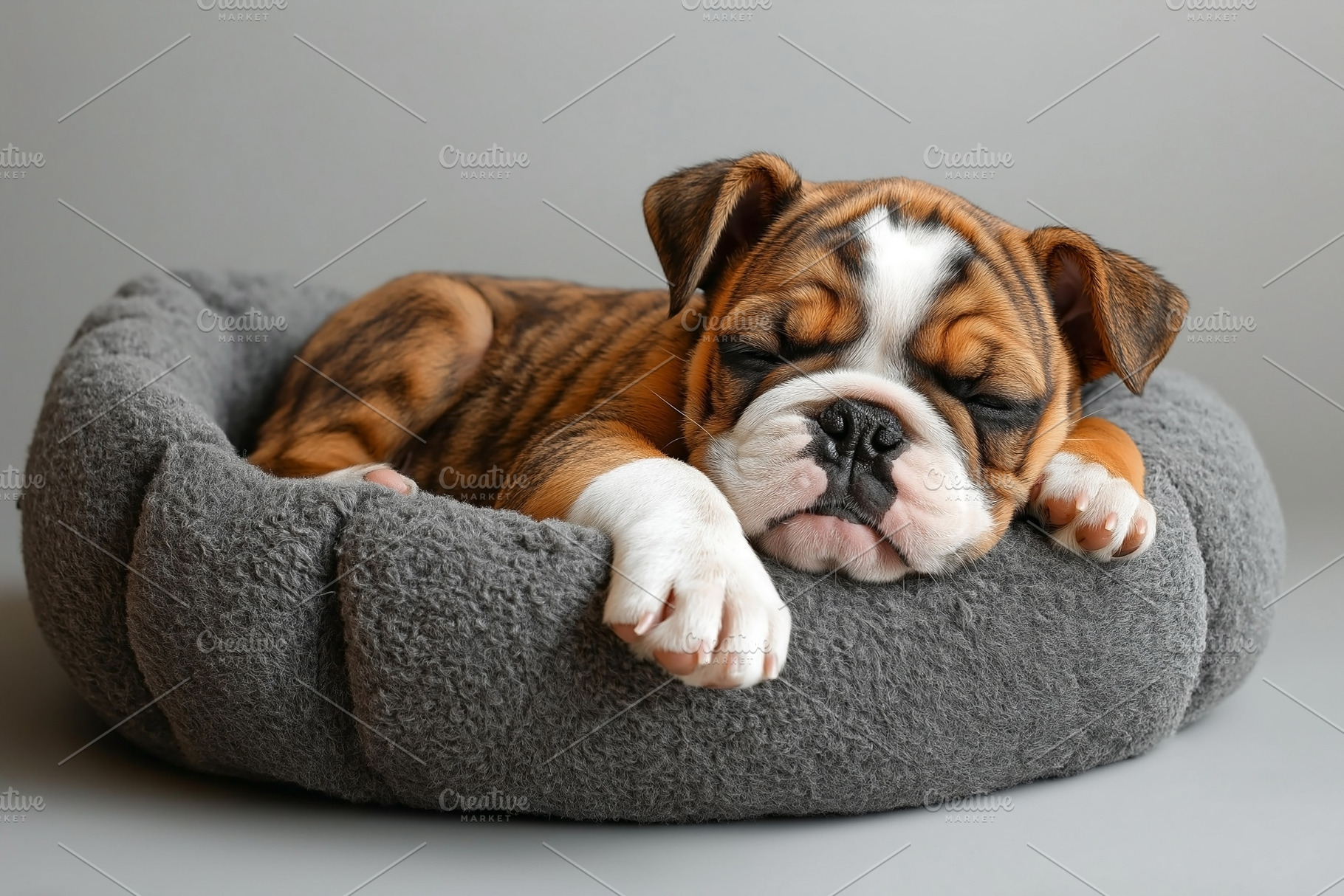 Adorable bulldog puppy sleeping peacefully in a soft gray dog bed., an Animal Photo by ImageMir