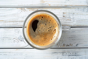 Flat lay of cup of coffee on wooden table, a Food & Drink Photo by AlyaAnd