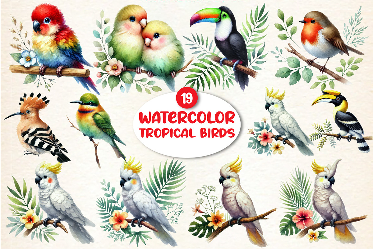 Watercolor Tropical Birds, a Seasonal Illustration by DreamArtGraphic (Photo 1 of 5)