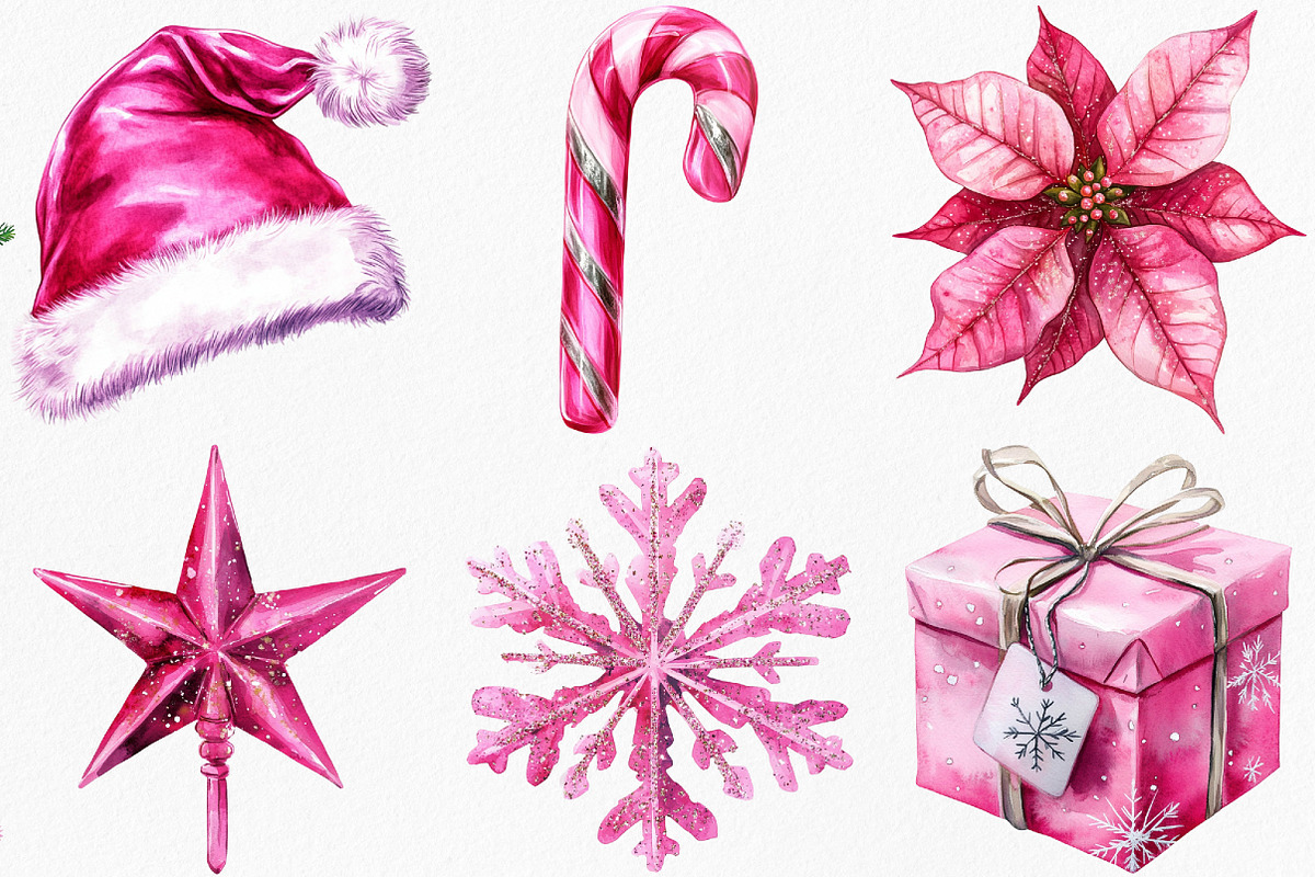 Watercolor Pink Christmas Clipart, an Illustration by Canvas Craft (Photo 3 of 7)