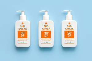 Top view of bottles of sunscreen, a Health & Medical Photo by esthermm
