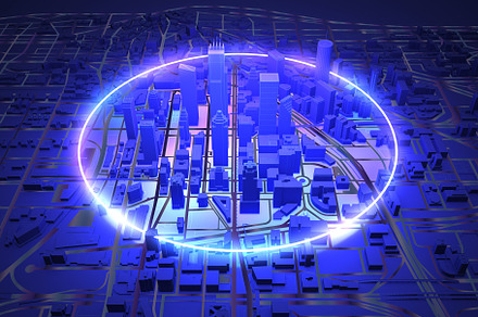neon ring over dark city above view