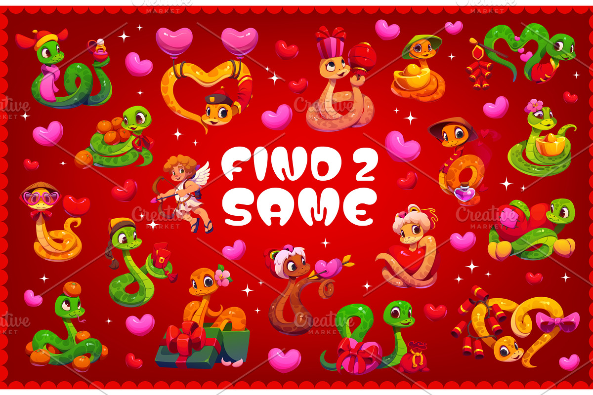 Find two same valentine day snakes, a Seasonal Illustration by Vector Tradition