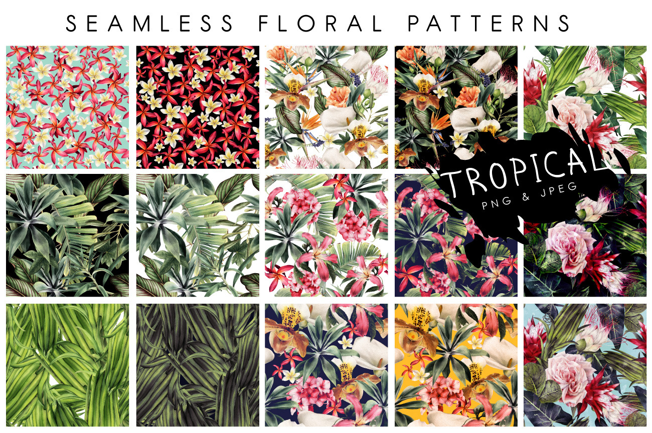 Seamless tropical patterns, a Pattern Graphic by ollalya | Creative Market