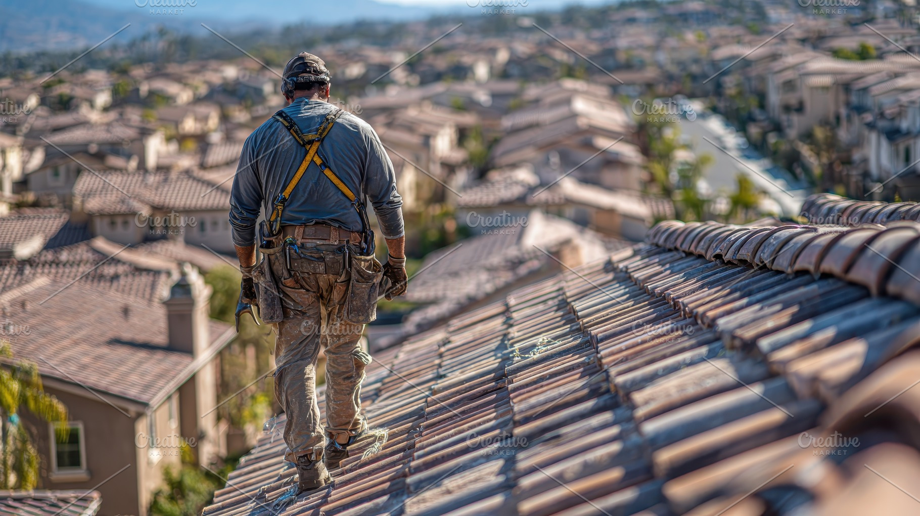 Roofer walking on residential roof o, a Photo by Pixeness Studio