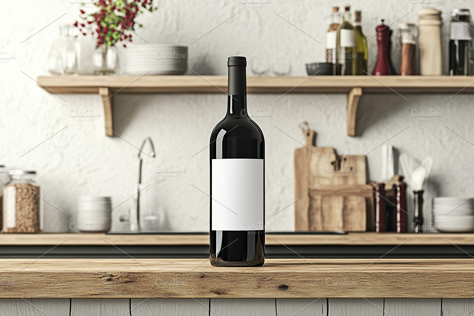 Empty wine bottle on wooden countertop in modern kitchen setting, a Food & Drink Photo by AlyaAnd