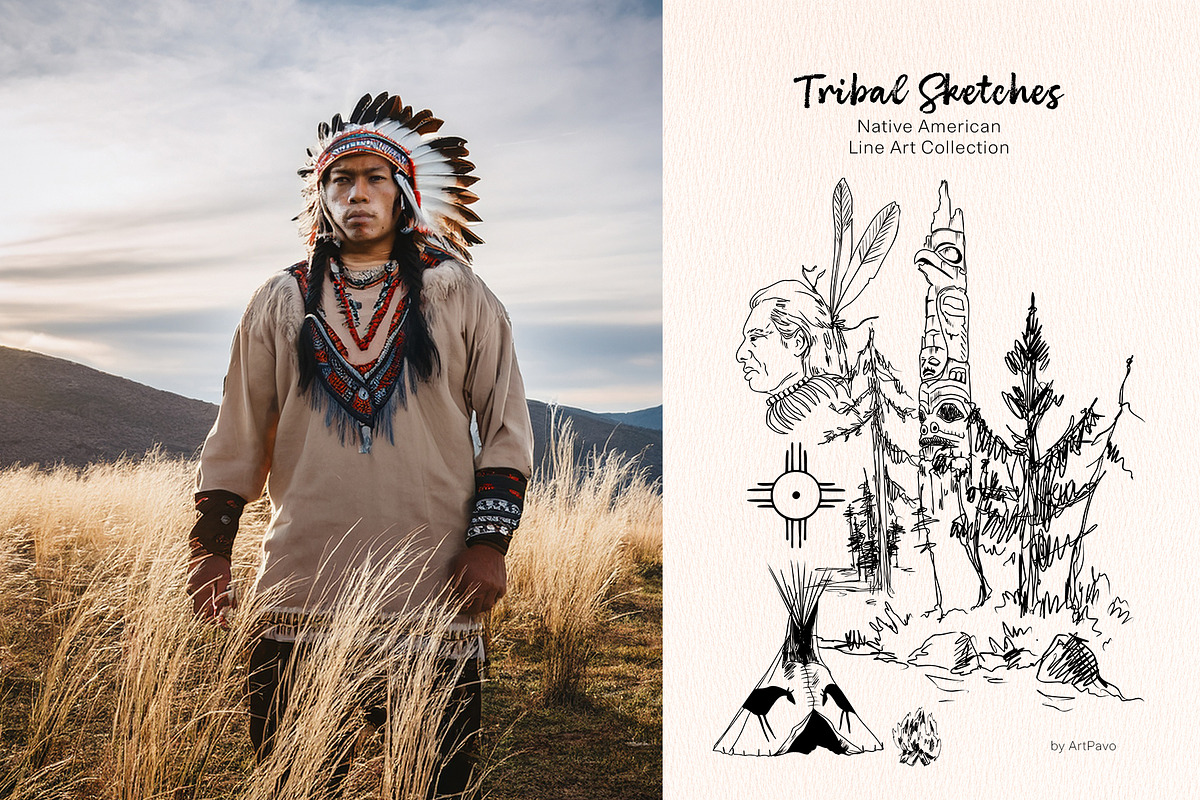 Tribal Sketche Pack, Native American, a Person Illustration by ArtPavo (Photo 2 of 13)