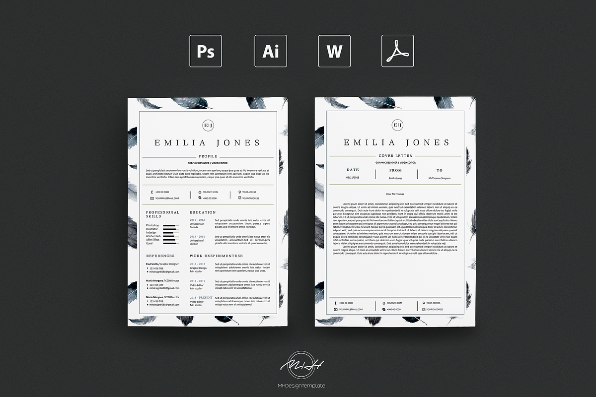 Feather Resume / Card Template, a Resume Template by MH Design Template (Photo 2 of 4)