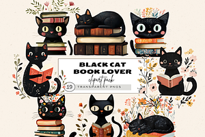 BLACK CAT BOOK LOVER CLIPART BUNDLE