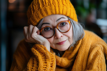 A thoughtful older woman with gray hair wearing a bright yellow knitted hat and, a Person Photo by Textures & Backgrounds