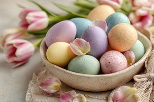 Pastel easter eggs in a bowl with tulips, a Holiday Photo by AlyaAnd