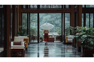 A woman with a parasol walks towards, an Architecture Photo by Sergey Kotenev