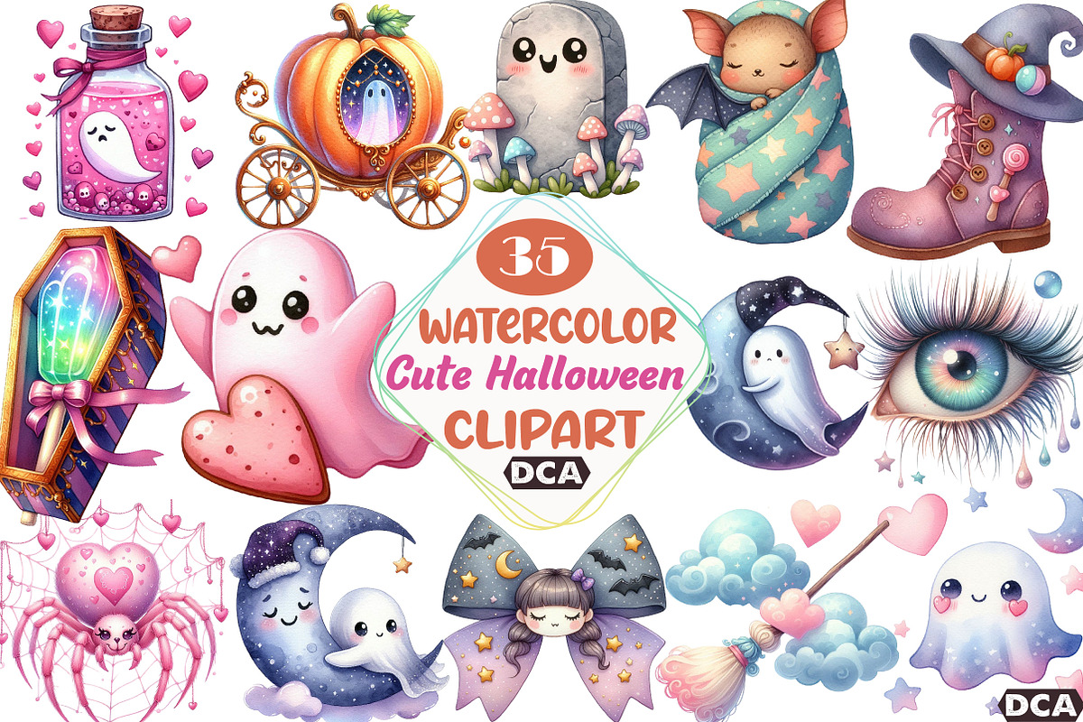 Dreamy Cute Halloween Clipart, an Illustration by DreamCafeArt (Photo 1 of 5)